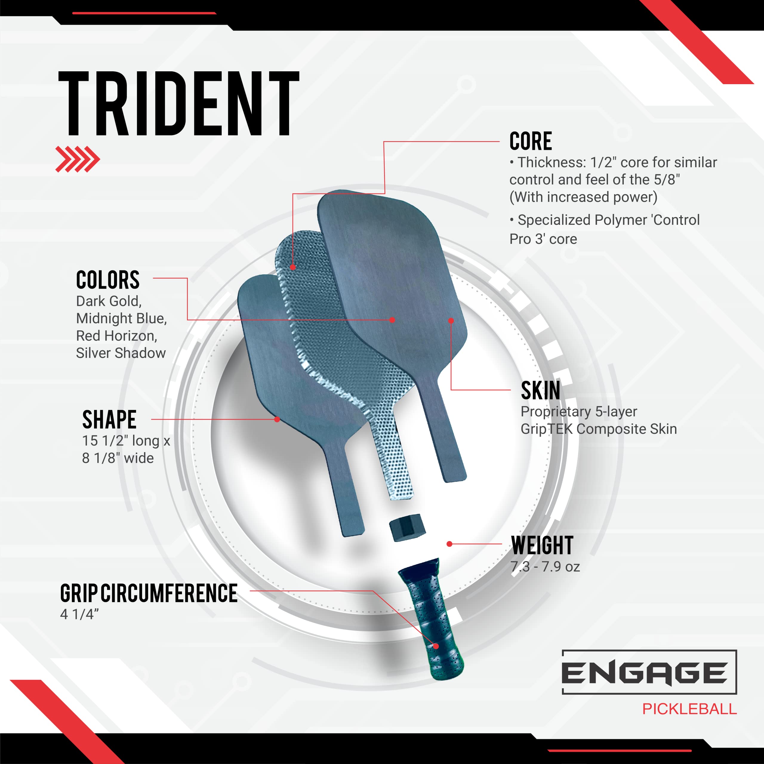 Engage Pickleball Trident Pickleball Paddle - Pickleball Paddles with Polymer Core - USAPA Approved Pickleball Paddles Pickleball Rackets for Adults - Standard (Red Horizon)