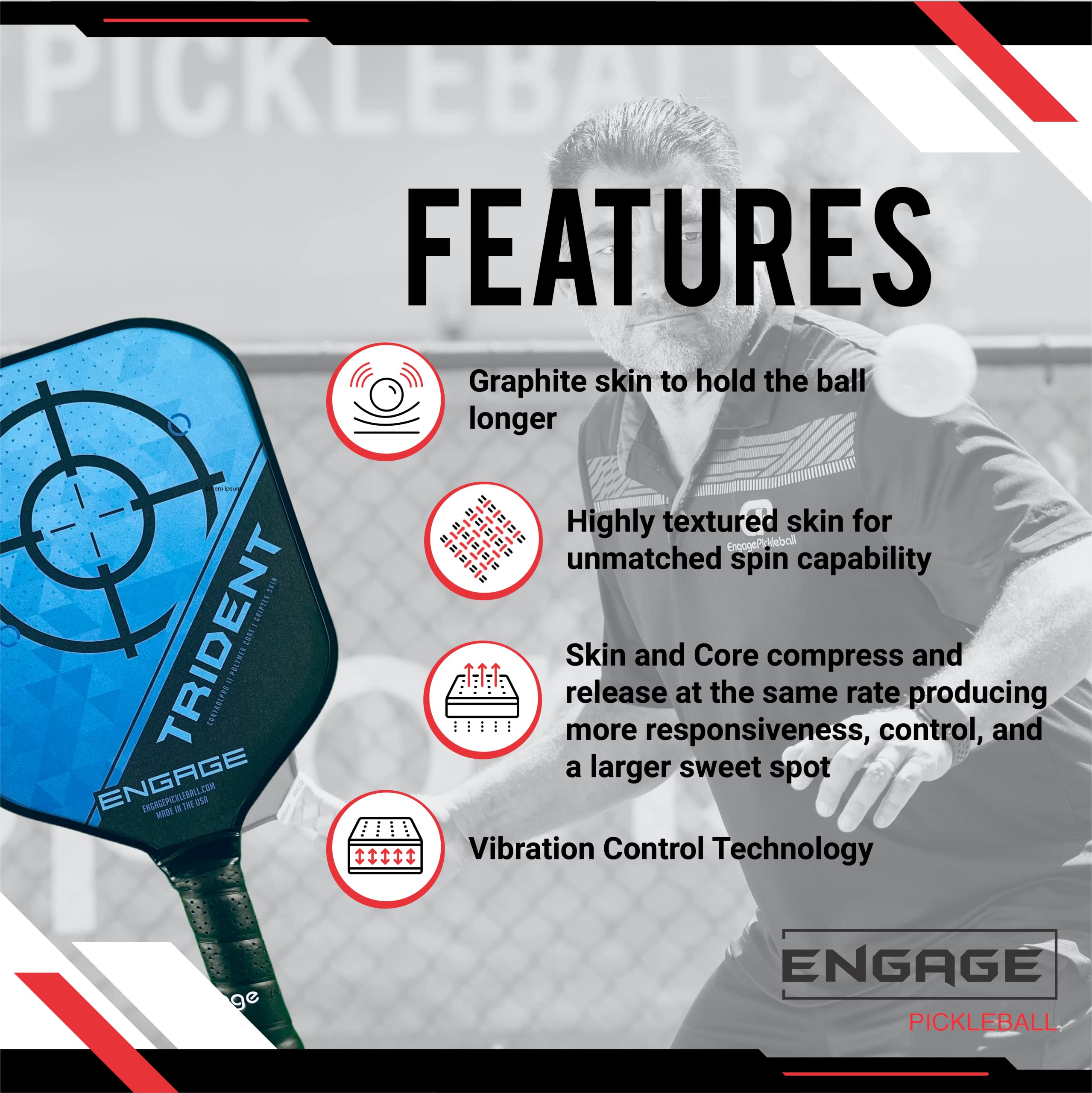 Engage Pickleball Trident Pickleball Paddle - Pickleball Paddles with Polymer Core - USAPA Approved Pickleball Paddles Pickleball Rackets for Adults - Standard (Red Horizon)