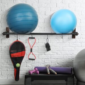 MyGift Wall Mounted Black Metal Pipe Yoga Exercise Ball Storage Rack with Rustic Wood Mount Backing, Hanging Fitness Organizer - Includes 4 Hanger S-Hooks