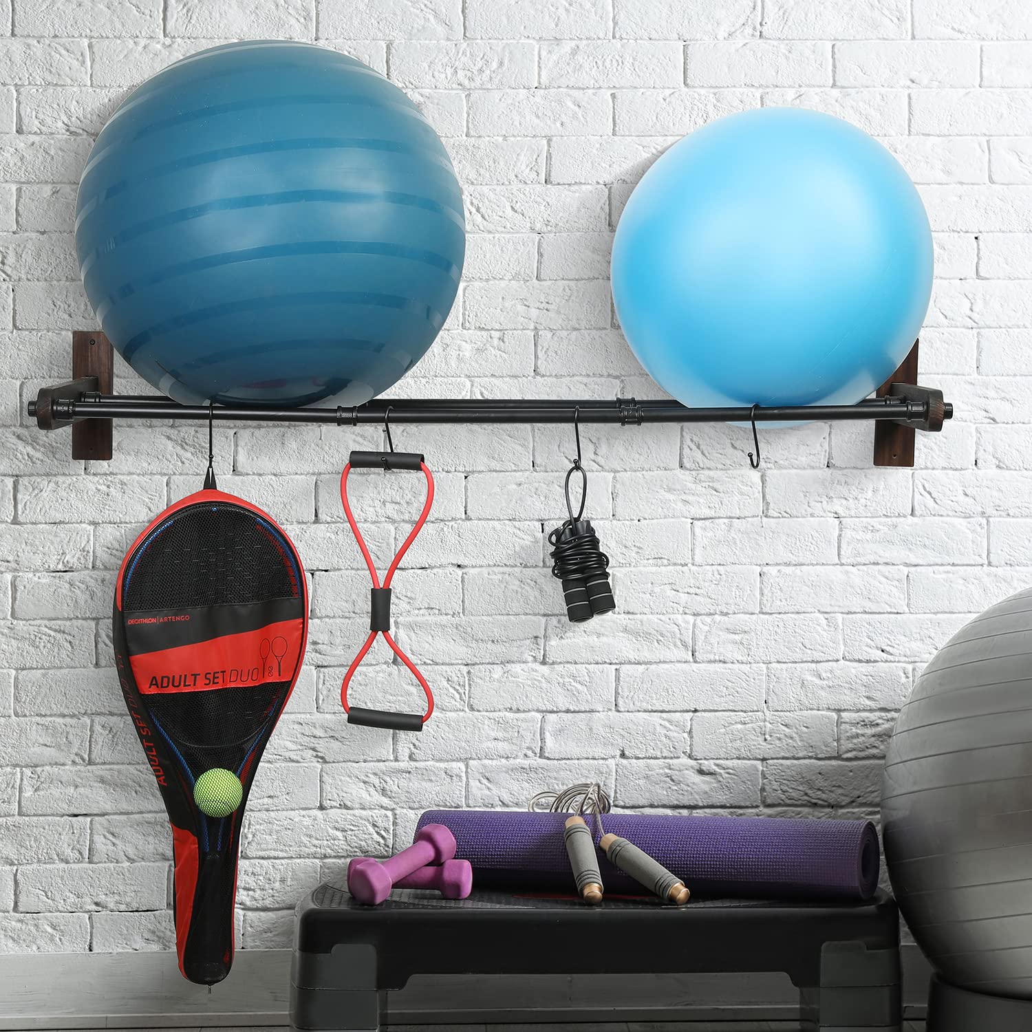 MyGift Wall Mounted Black Metal Pipe Yoga Exercise Ball Storage Rack with Rustic Wood Mount Backing, Hanging Fitness Organizer - Includes 4 Hanger S-Hooks