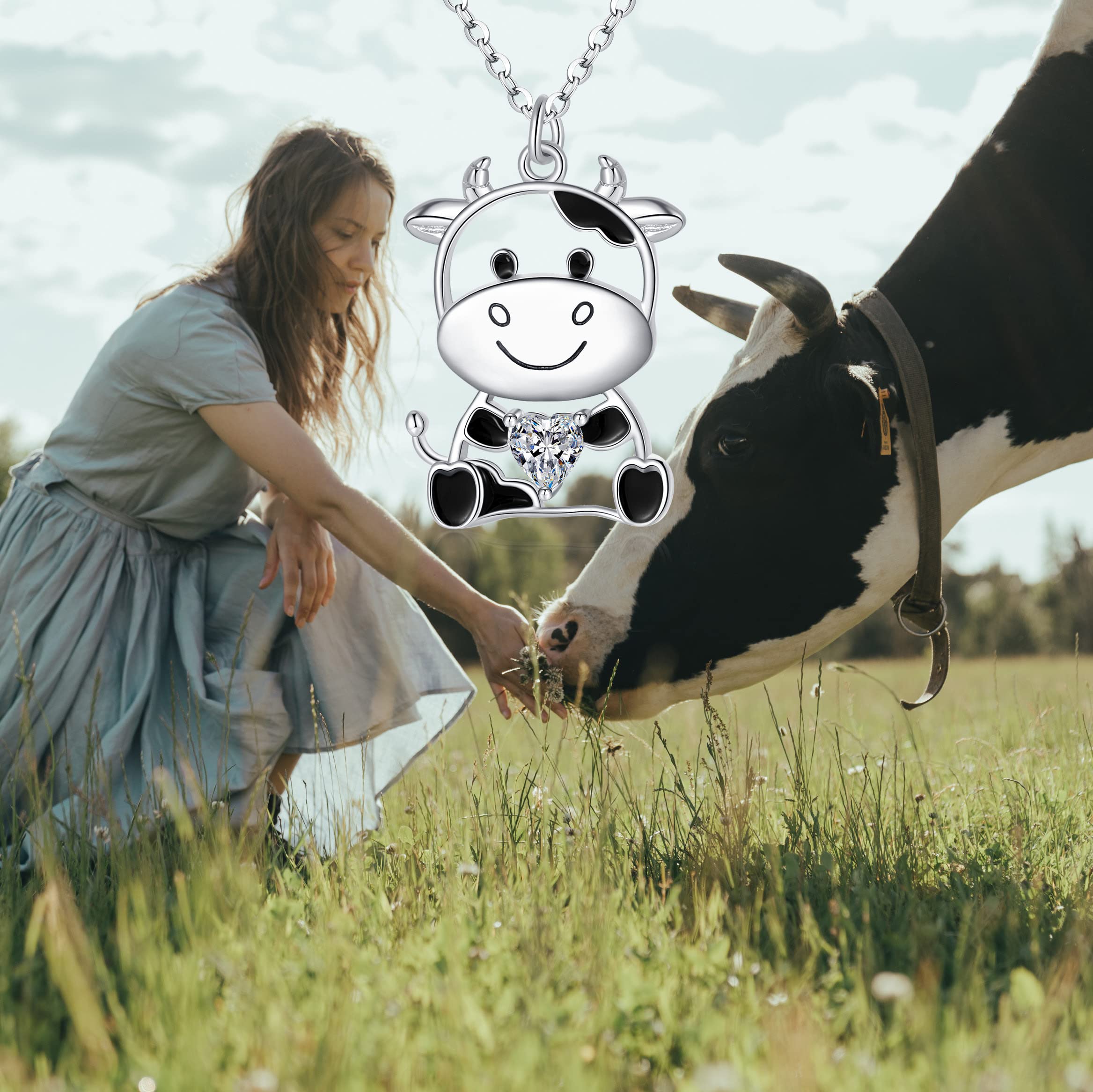 Fryneauy Cow Necklace 925 Sterling Silver Pendant Necklace Cow Charm Gifts for Women