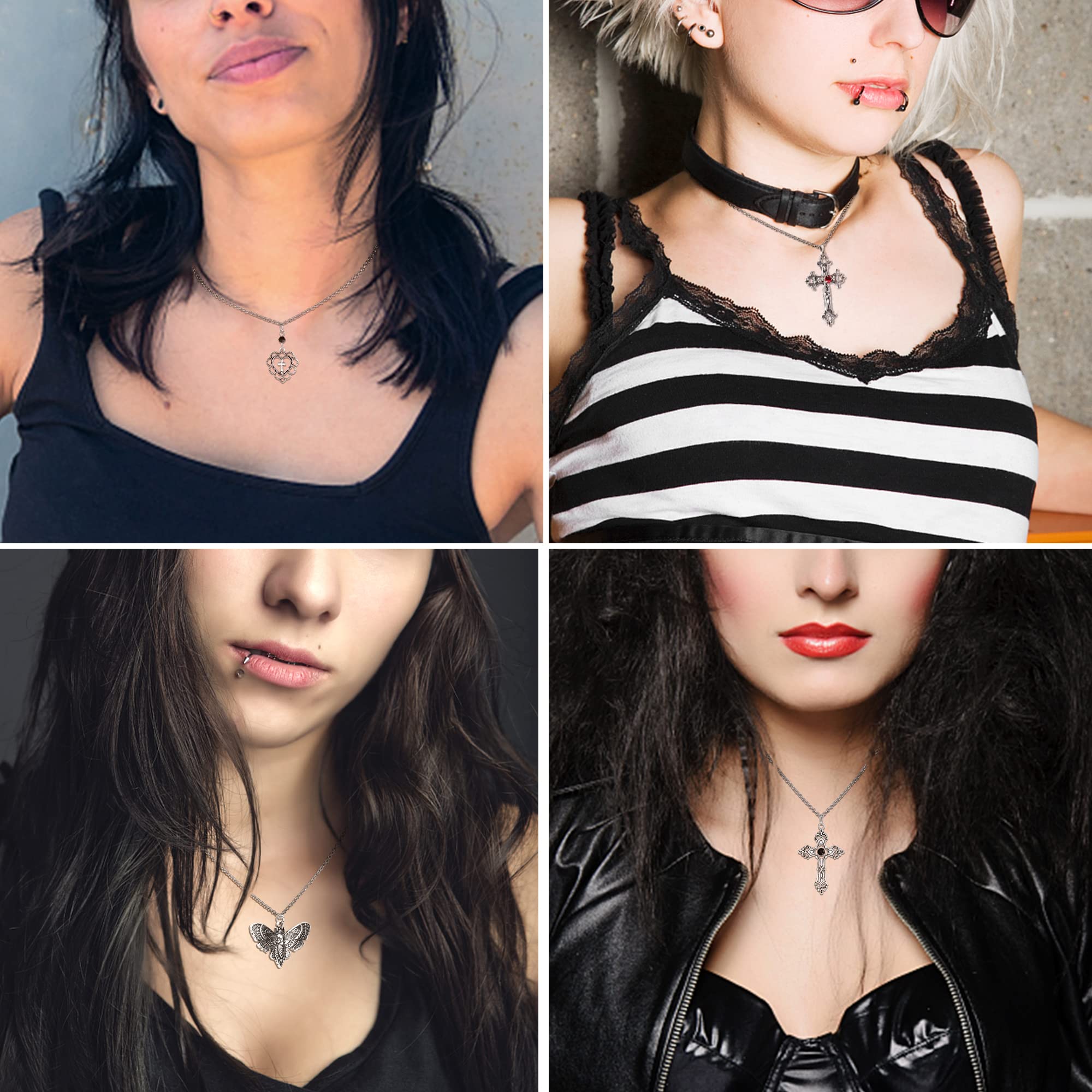 FIASASO 12Pcs Grunge Goth Necklace Set for Women Teen Cool Y2k Grunge Jewelry Gothic Cross Evil Eye Butterfly Crystal Angel Heart Wing Chain Choker Necklace Y2k Accessories silver