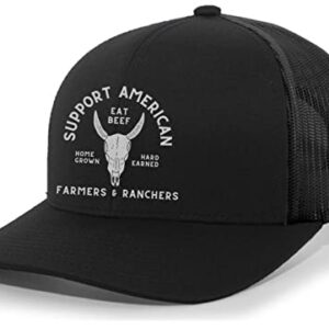 Trenz Shirt Company Support American Farmers Eat Beef Cattle Skull Farm to Table Mens Embroidered Mesh Back Trucker Hat, Black/Black