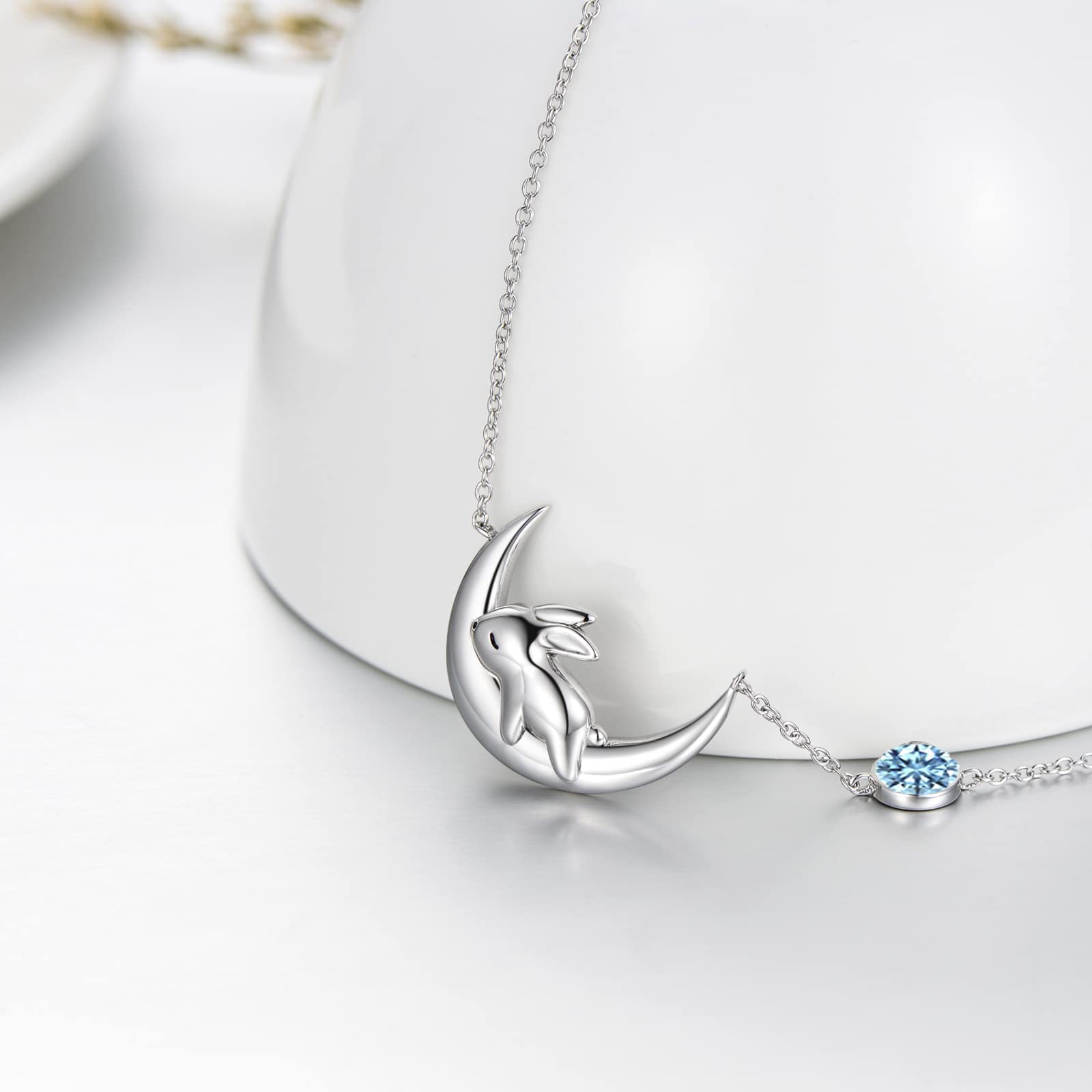 PEIMKO Sterling Silver Bunny on the Moon Necklace for Women, Simulated Birthstone Pendant Necklaces, March Birthday Gift for Women