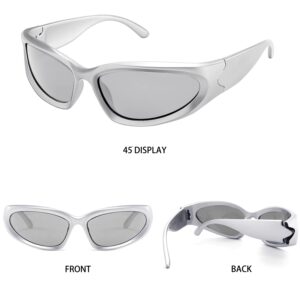 knliwkm 2 Pairs Y2K Wrap Around Sunglasses Sports Futuristic Oval Glasses for Women Men Trendy Fashion Shades Silver