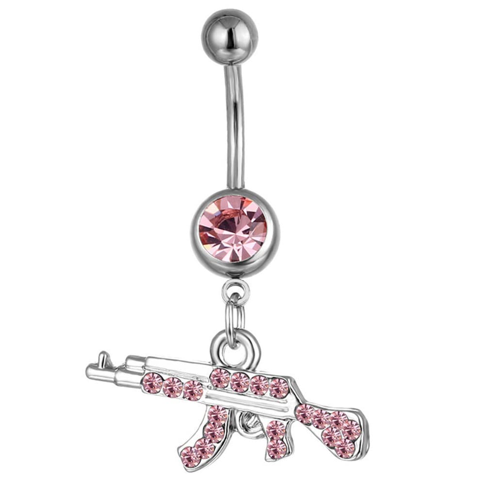 Fashion Rifle Gun Navel Ring Assault Rifle Belly Button Ring Body Piercing Jewelry for Women Men-Pink, Stainless Steel