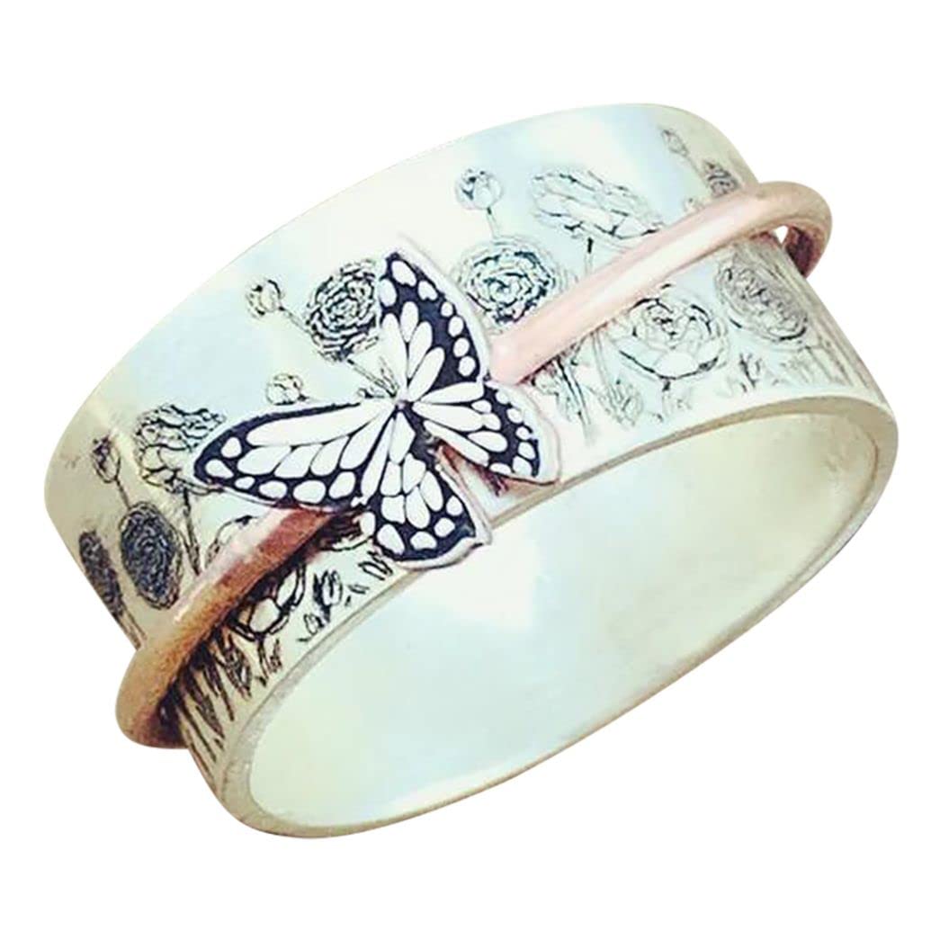 Personalized Retro Inspiration Butterfly Meditation Alloy Ring Butterfly Rotating Ring Inspirational Ring for Anxiety Fidget Rings for Relieving Stress Anxiety Ring Engagement Ring (Size 10)