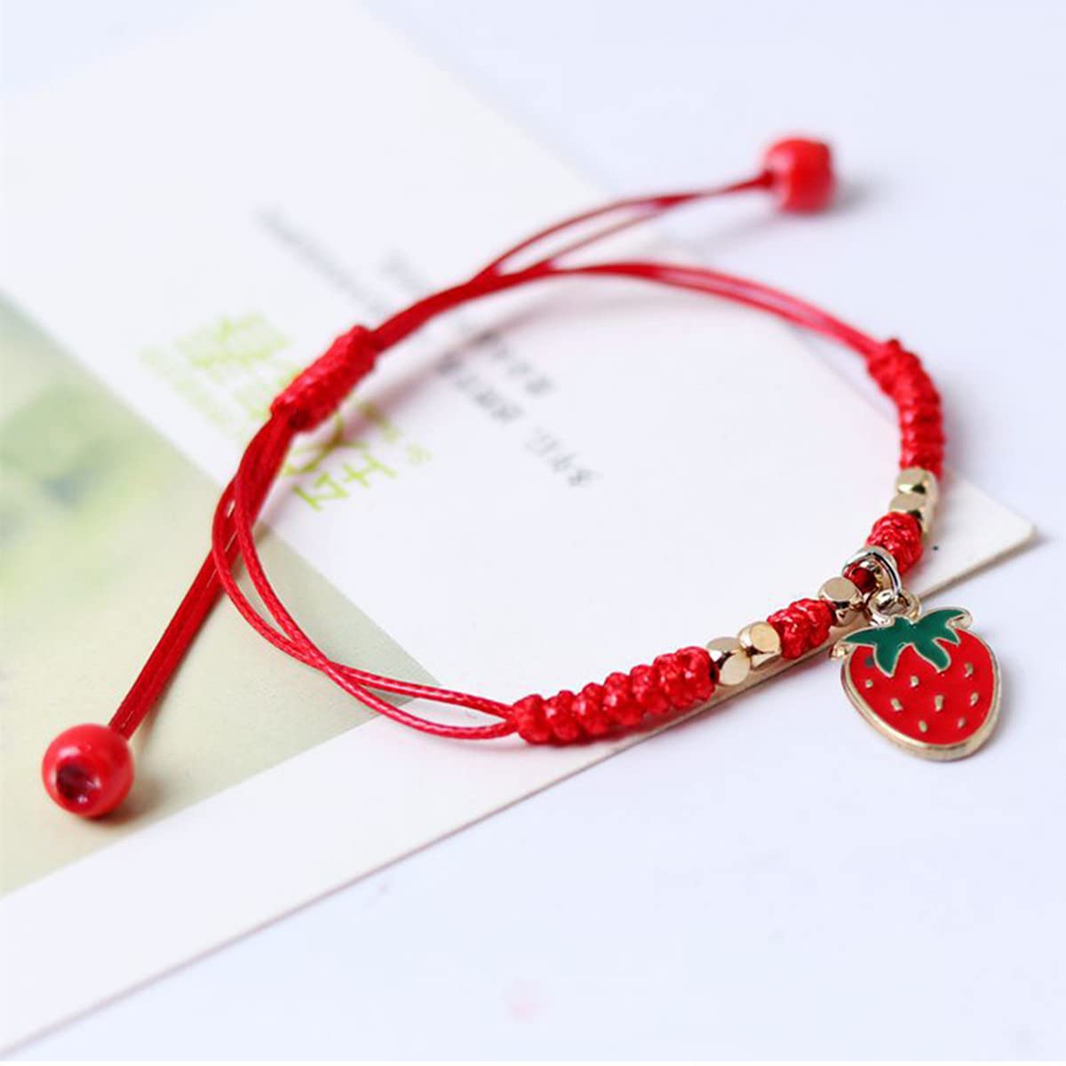 2Pcs Summer Fruit Strawberry Cherry Stretch String Bracelet Strawberry Cherry Beaded Charm Handmade Weave Red Rope Braided Adjustable Bracelet for Women Best Friends Friendship Jewelry Gift (2Pcs strawberry)