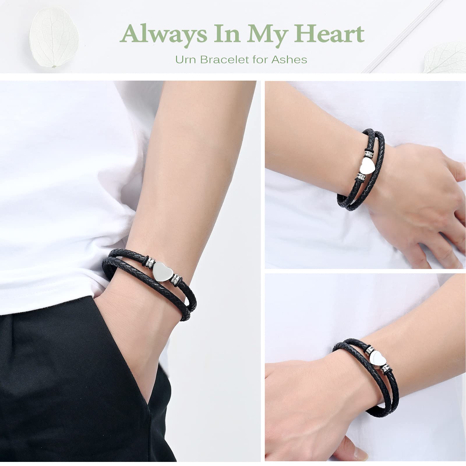 zeqingjw Leather Cremation Jewelry Heart Urn Bracelet for Ashes for Men Women Memorial Keepsake Braided Bracelet -Always in My Heart