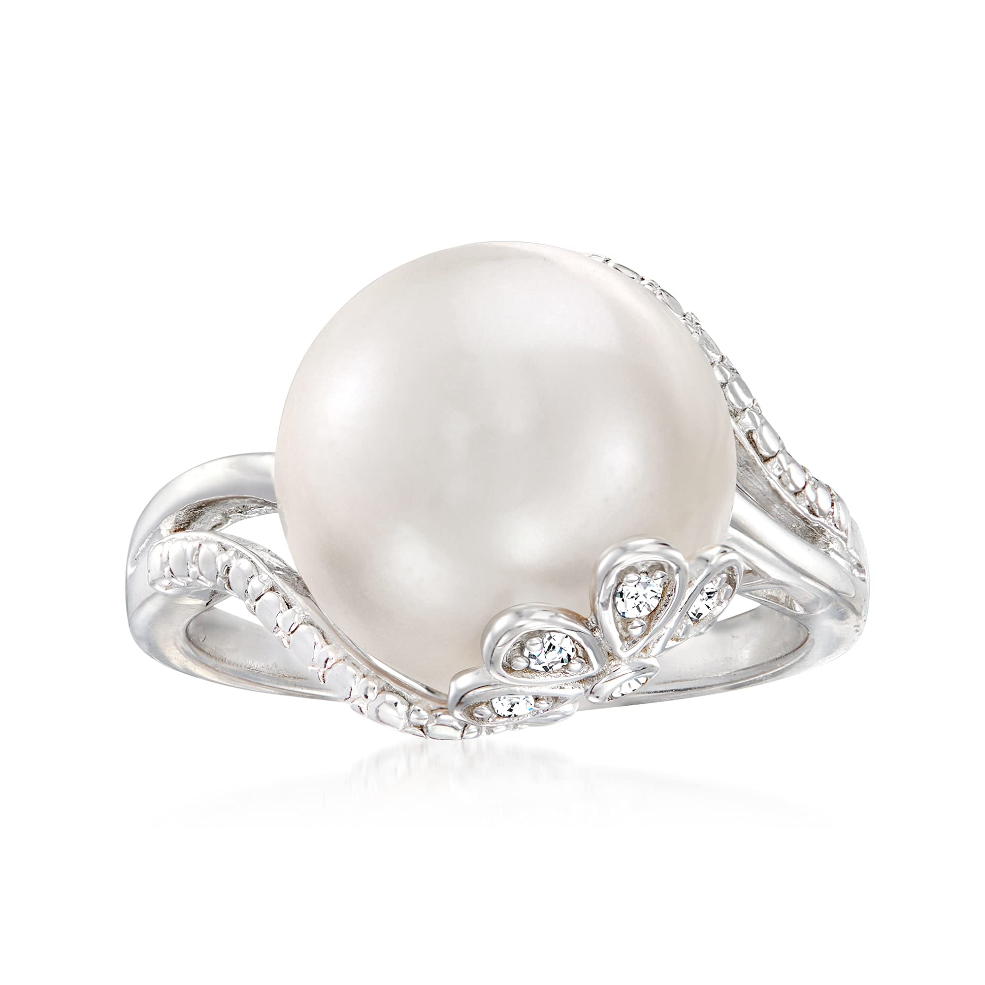 Ross-Simons 12-12.5mm Cultured Pearl Ring With Diamond Accents in Sterling Silver. Size 6