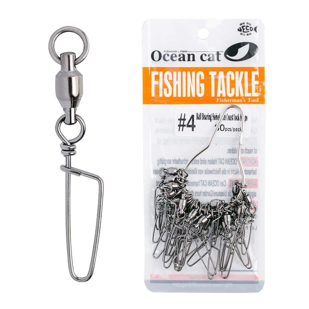 OCEAN CAT 50 Pcs Ball Bearing Swivel with Coast Lock Snap Fishing Snaps Kit Hooked Cross Snaps Stainless Steel Sea Fishing Tackle Hook Lure Connector Fishing Swivel Size 0#1#2#3#4#5# (#3, 50 pcs)