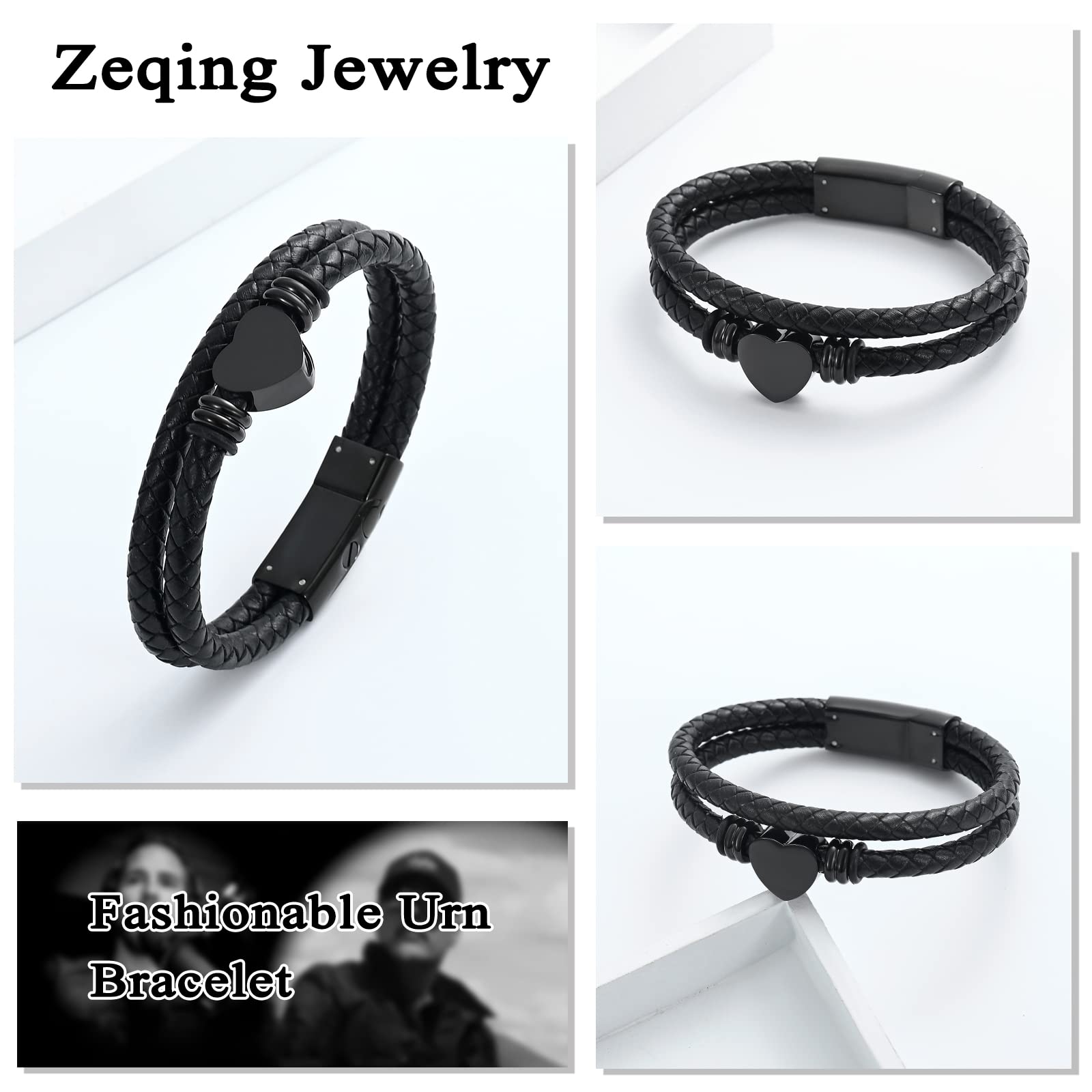 zeqingjw Leather Cremation Jewelry Heart Urn Bracelet for Ashes for Men Women Memorial Keepsake Braided Bracelet -Always in My Heart