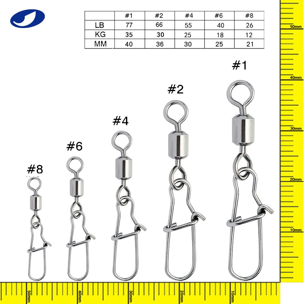 OCEAN CAT 60-150 Pcs American Swivel with Duo Lock Pin Snap Fishing Snaps Kit Hooked Cross Snaps Stainless Steel Sea Fishing Tackle Hook Lure Connector Fishing Swivel Size 1#2#4#6#8# (#6, 150 pcs)