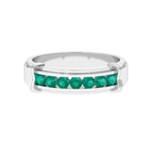 Rosec Jewels Natural Emerald 7 Stone Wedding Band, AAA Quality, Certified Emerald Anniversary Ring - Ready to Gift, 14K White Gold, Size:US 10.00