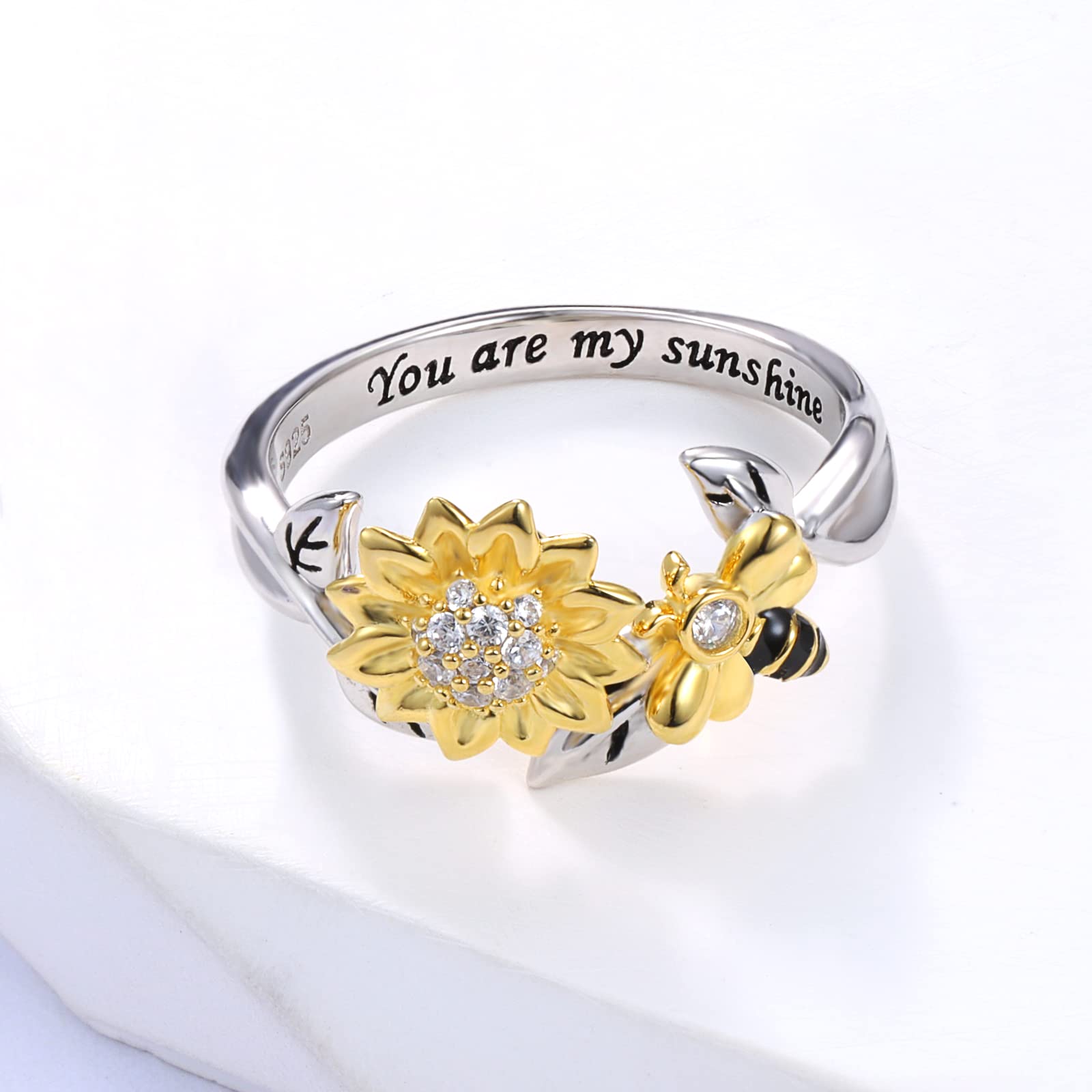 Silver Spinner Sunflower Bee Ring,925 Sterling Silver Adjustable Fidget Anxiety Bumble Bee with Sunflower Jewelry Ring for Women, Sterling Silver, Cubic Zirconia