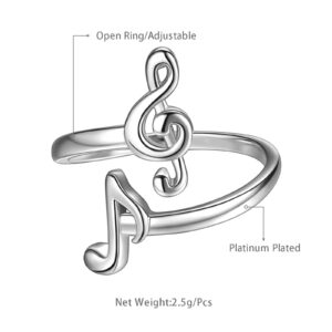 beautlace Musical Note Adjustable Rings Silver Plated Love Heart Treble Clef Music Note Open Ring Jewelry Gifts for Music Lover KR0026W