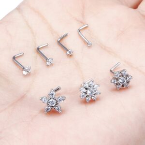 Ftovosyo 20G Surgical Steel Nose Rings Studs for Women Men 1.5mm 2mm 2.5mm 3mm 7mm 8mm Paved CZ Flower Nose Piercing Jewelry Big L Shaped Nose Ring Stud Set