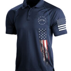 HARGLESMAN Men's Quick Dry Performance Short Sleeve Tactical Patriotic Polo T Shirt Tops Summer 1776 Printed Sports Casual Tees for Golf Tennis Paintball Activewear Navyblue L