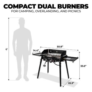 Outland Living 2 Burner Camp Stove with Dual Ring Flame Control - Princeton Portable 2 Burner Propane Gas Stove for Outdoor Cooking with Dual Integrated Lids, Removable Wind Fence and Legs