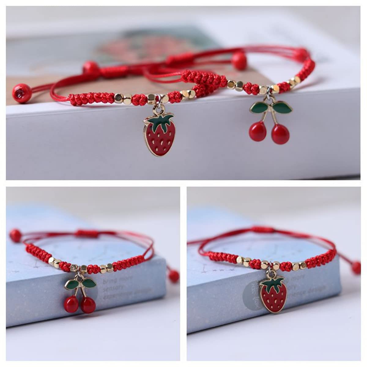 2Pcs Summer Fruit Strawberry Cherry Stretch String Bracelet Strawberry Cherry Beaded Charm Handmade Weave Red Rope Braided Adjustable Bracelet for Women Best Friends Friendship Jewelry Gift (2Pcs strawberry)