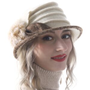 Women's Wool Dress Church Cloche Hat Bucket Winter Floral Hat (Cream)