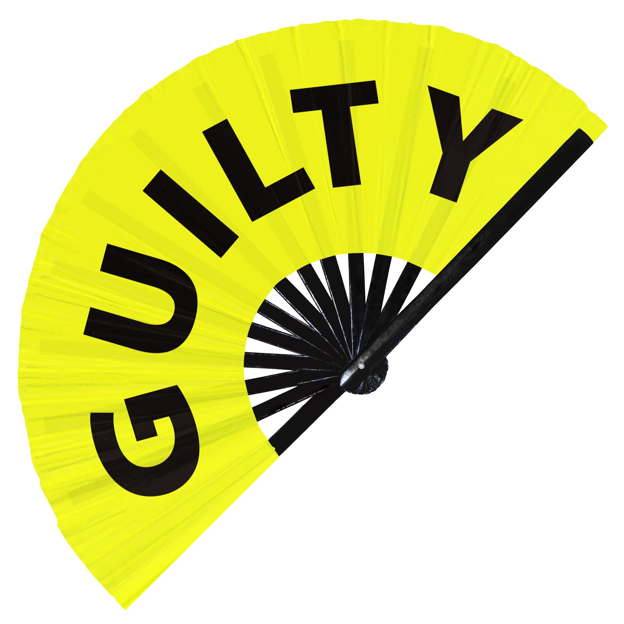 Guilty hand fan foldable bamboo circuit hand fan funny gag slang words expressions statement gifts Festival accessories Rave handheld Circuit event fan Clack fans (Yellow)