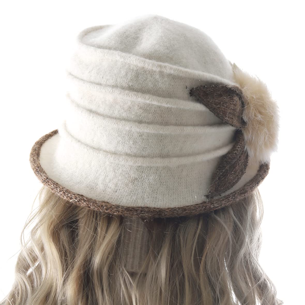 Women's Wool Dress Church Cloche Hat Bucket Winter Floral Hat (Cream)