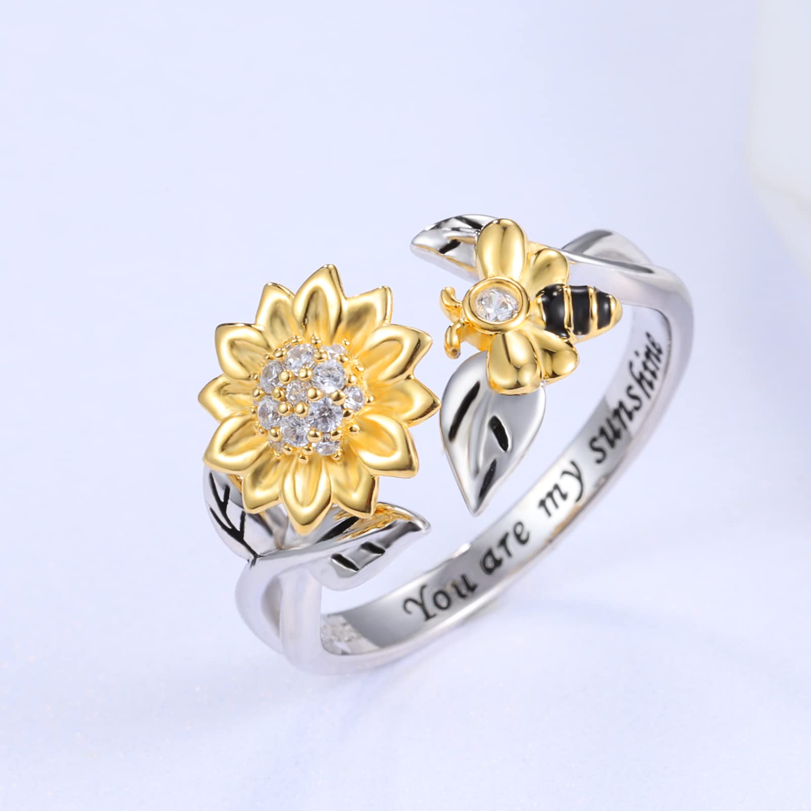 Silver Spinner Sunflower Bee Ring,925 Sterling Silver Adjustable Fidget Anxiety Bumble Bee with Sunflower Jewelry Ring for Women, Sterling Silver, Cubic Zirconia