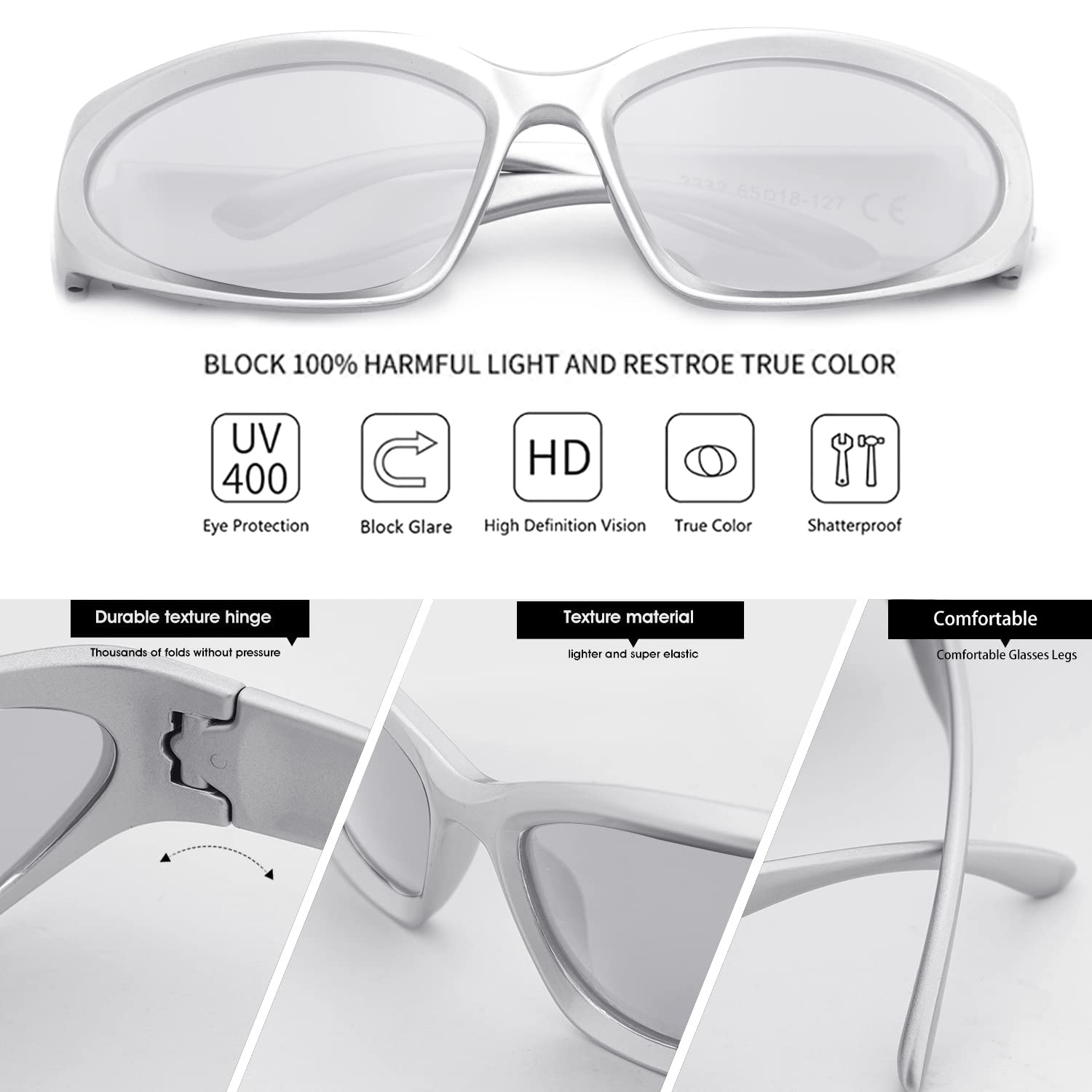 knliwkm 2 Pairs Y2K Wrap Around Sunglasses Sports Futuristic Oval Glasses for Women Men Trendy Fashion Shades Silver