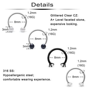 Ftovosyo 24Pcs 16G Surgical Steel Nose Septum Rings Piercing Jewelry Horseshoe Cartilage Helix Daith Earring Hoop Eyebrow Lip Hoop for Women Men 8mm 5/16 Inch Silver Black