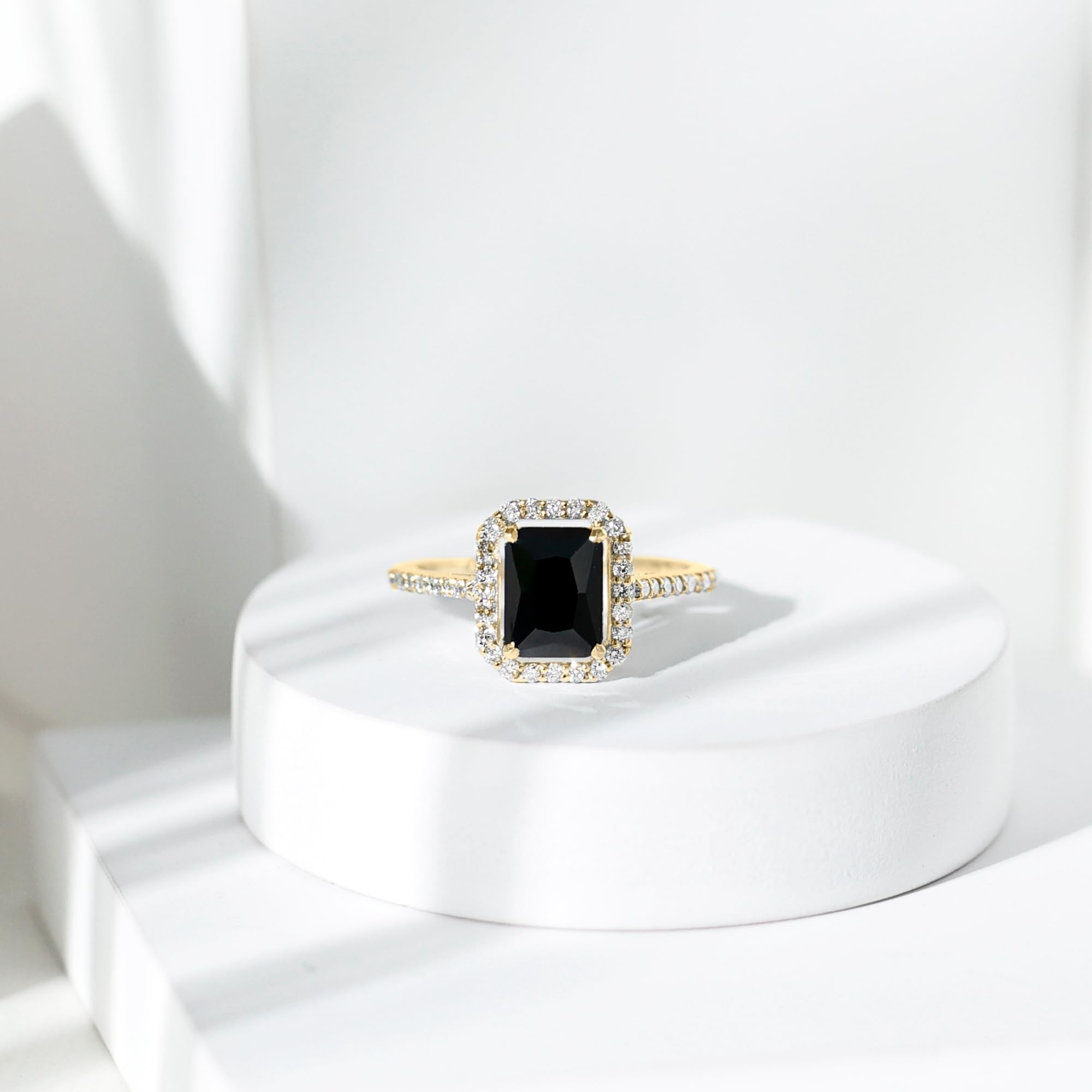 Certified Lab Grown Black Diamond 6X8mm Emerald Cut Engagement Ring, Aaaa Quality, Black and White Diamond Halo Ring, 14K Yellow Gold, Size:US 3.00