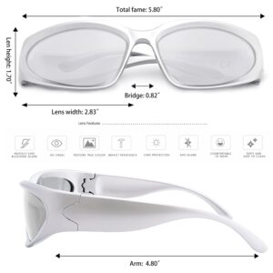 knliwkm 2 Pairs Y2K Wrap Around Sunglasses Sports Futuristic Oval Glasses for Women Men Trendy Fashion Shades Silver