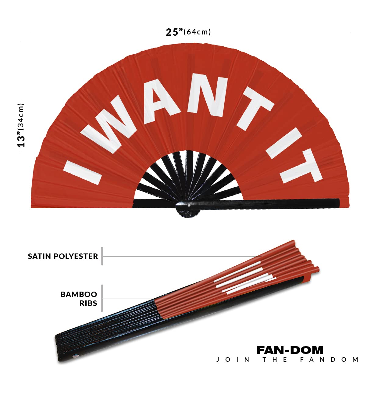 I Want It hand fan foldable bamboo circuit hand fan funny gag slang words expressions statement gifts Festival accessories Rave handheld Circuit event fan Clack fans (Red)