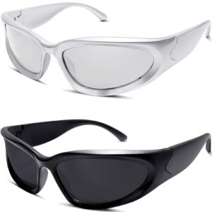 knliwkm 2 pairs y2k wrap around sunglasses sports futuristic oval glasses for women men trendy fashion shades silver