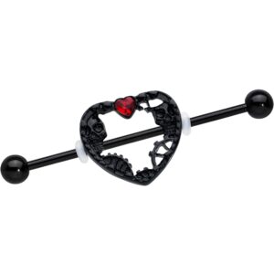 body candy 14g black pvd stainless steel helix cartilage earring skeleton heart industrial barbell 1 1/2"