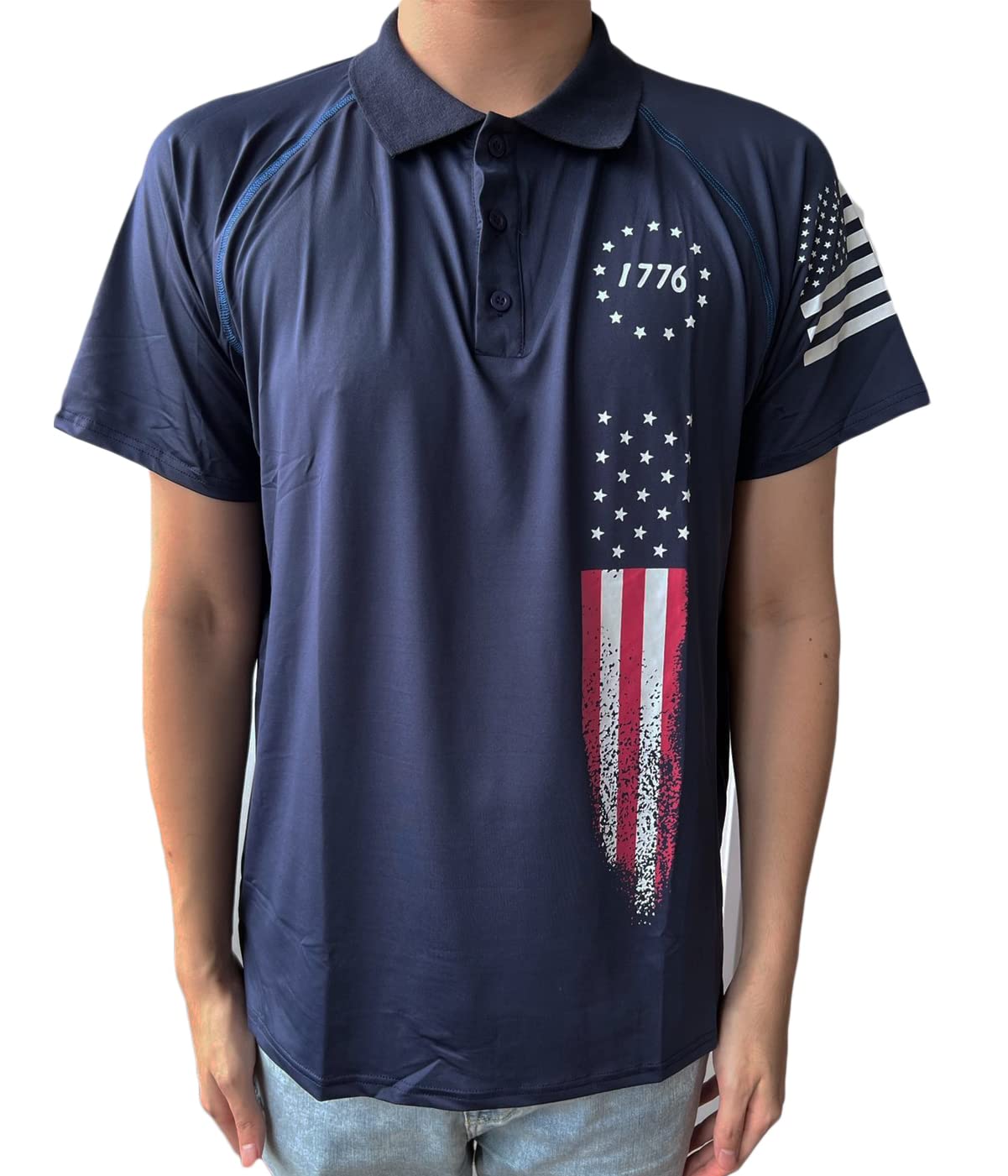 HARGLESMAN Men's Quick Dry Performance Short Sleeve Tactical Patriotic Polo T Shirt Tops Summer 1776 Printed Sports Casual Tees for Golf Tennis Paintball Activewear Navyblue L