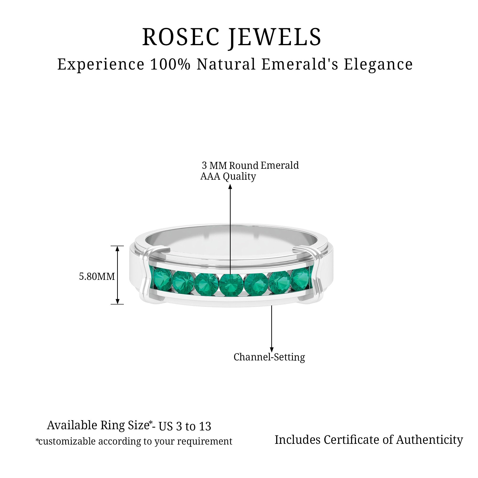 Rosec Jewels Natural Emerald 7 Stone Wedding Band, AAA Quality, Certified Emerald Anniversary Ring - Ready to Gift, 14K White Gold, Size:US 10.00