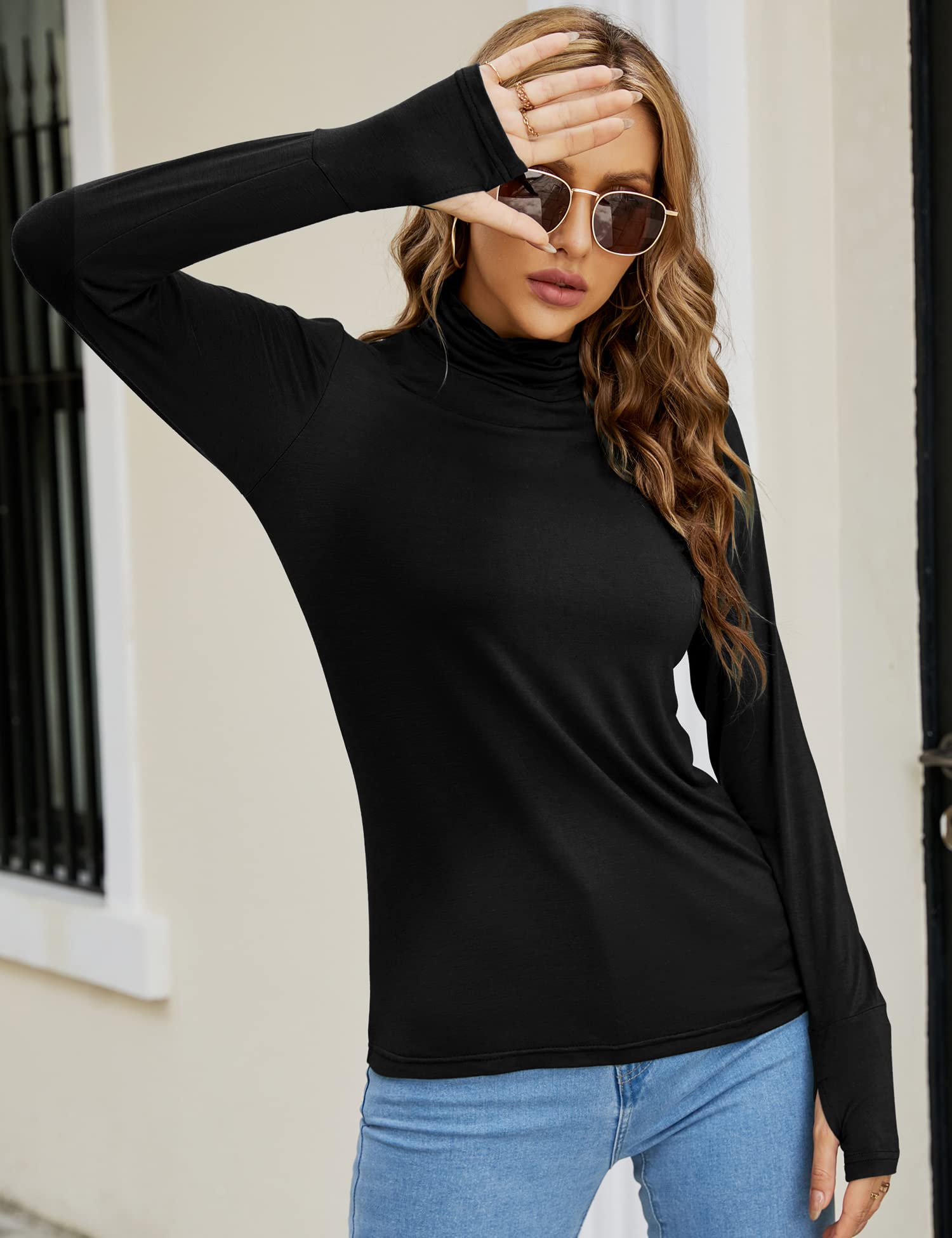 LUYAA 2023 Womens Basic Long Sleeves Warm Thermal Shirts Mock Turtleneck Tops Fitted Under Layer Black L Fall Spring