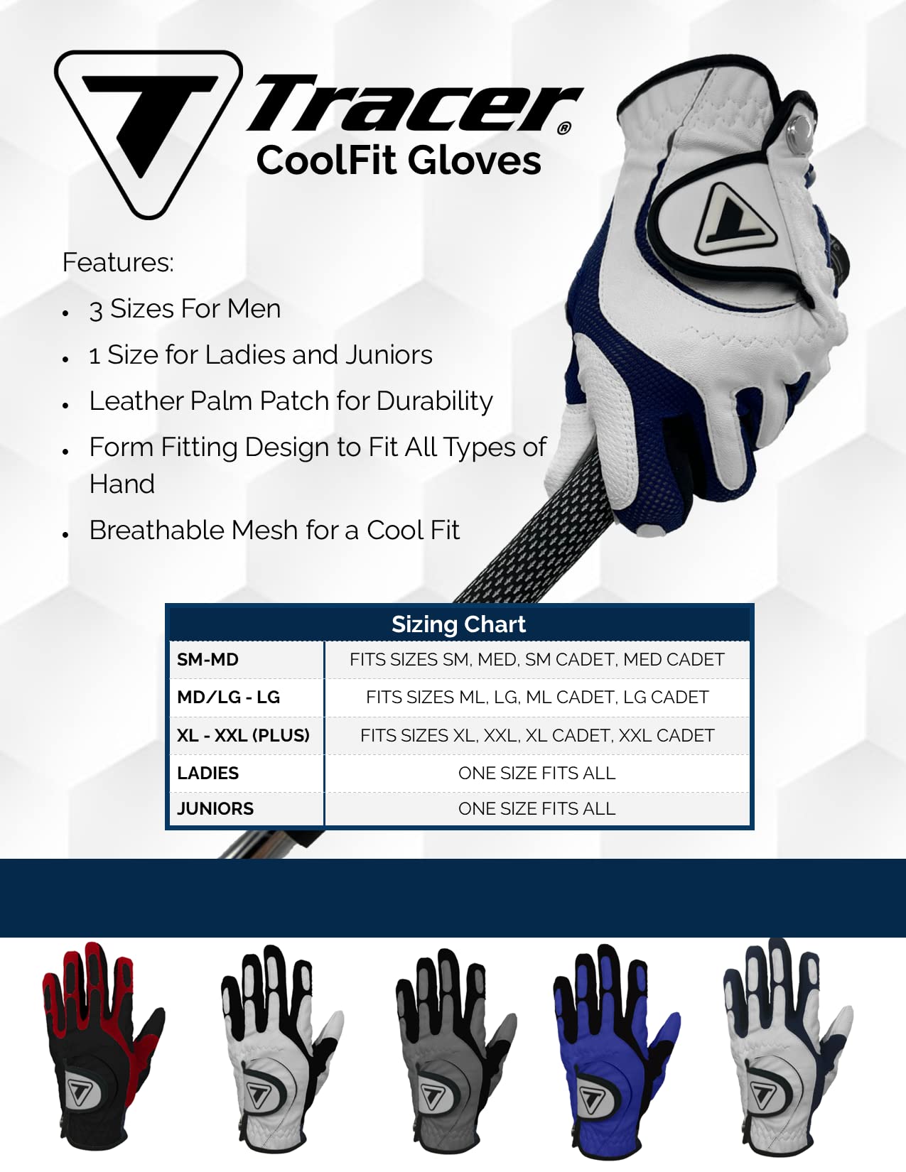 Tracer Golf Men's Golf Glove, 3-Pack - Cool fit, Comfort Stretch, Highly Durable Glove (XL-XXL (Plus), White/Black)