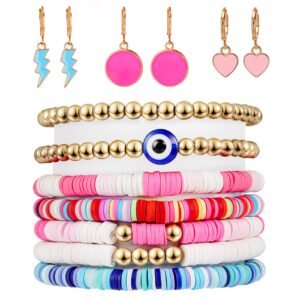 Yowivon Preppy Heishi Surfer Bracelets for Women Trendy Stuff Y2K Aesthetic Jewelry Set Colorful Stretch Stackable Clay Bead Evil Eye Bracelets Cute Dangle Earrings Pack