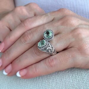 925 Sterling Silver Filigree Art Women Bypass Cocktail Ring, Gift Packed (Prasiolite, 11)