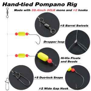 Dr.Fish 5 Pack Pompano Rigs Surf Fishing Rigs Snell Floats Fishing Beads Wide Gap Hooks Saltwater Fishing Swivels Duo Lock Snaps, Fluorescent Yellow