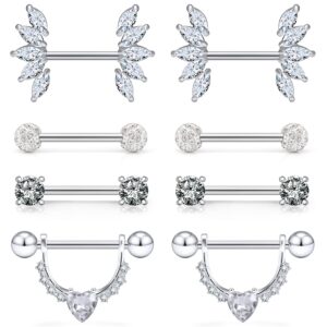 Lcolyoli 14G Surgical Steel Nipple Rings Crystal Nipple Shield Barbell Ring Staight Bar Nipplerings Body Piercing Jewelry for Women Men Silver-tone