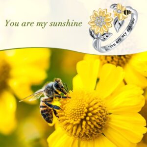 Silver Spinner Sunflower Bee Ring,925 Sterling Silver Adjustable Fidget Anxiety Bumble Bee with Sunflower Jewelry Ring for Women, Sterling Silver, Cubic Zirconia