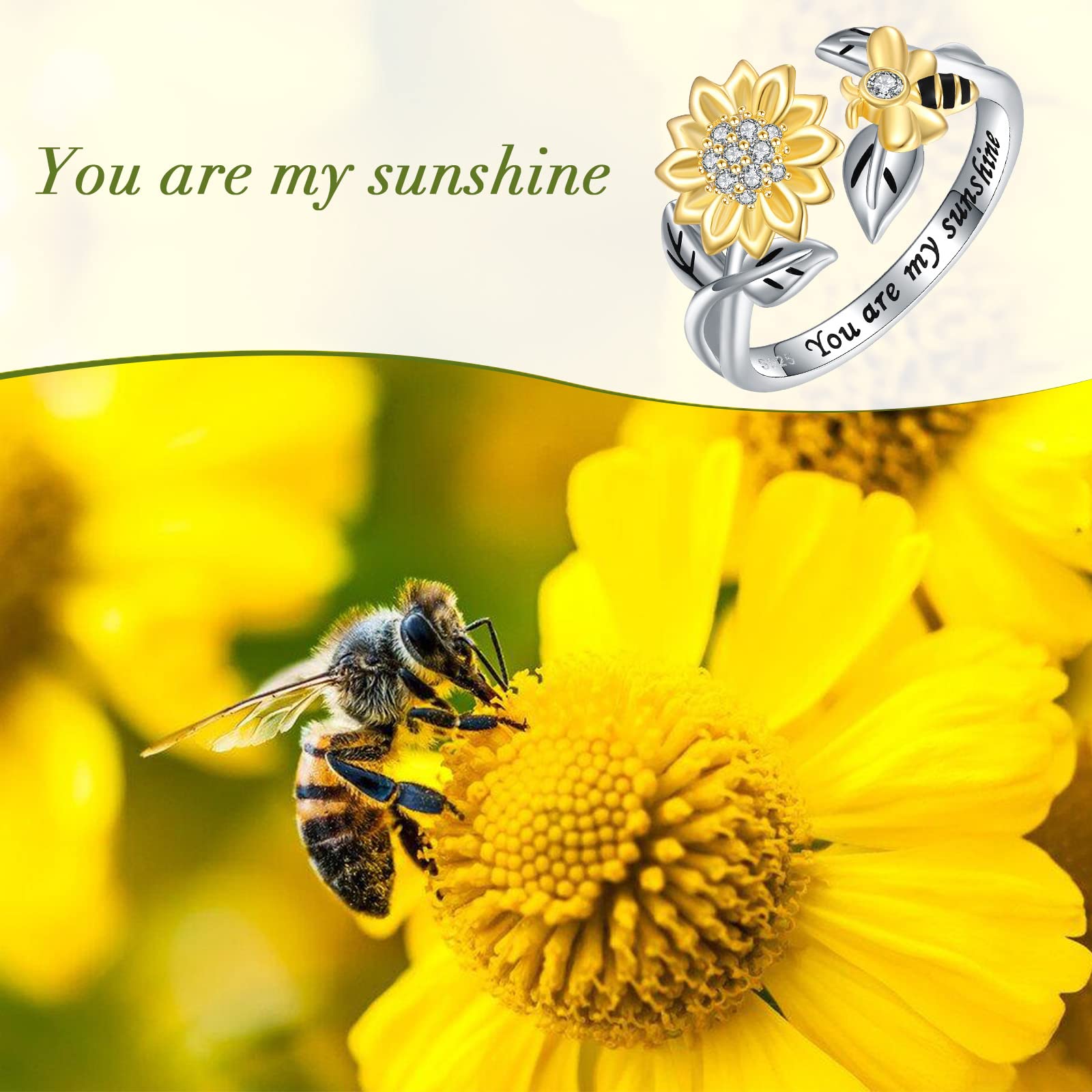 Silver Spinner Sunflower Bee Ring,925 Sterling Silver Adjustable Fidget Anxiety Bumble Bee with Sunflower Jewelry Ring for Women, Sterling Silver, Cubic Zirconia