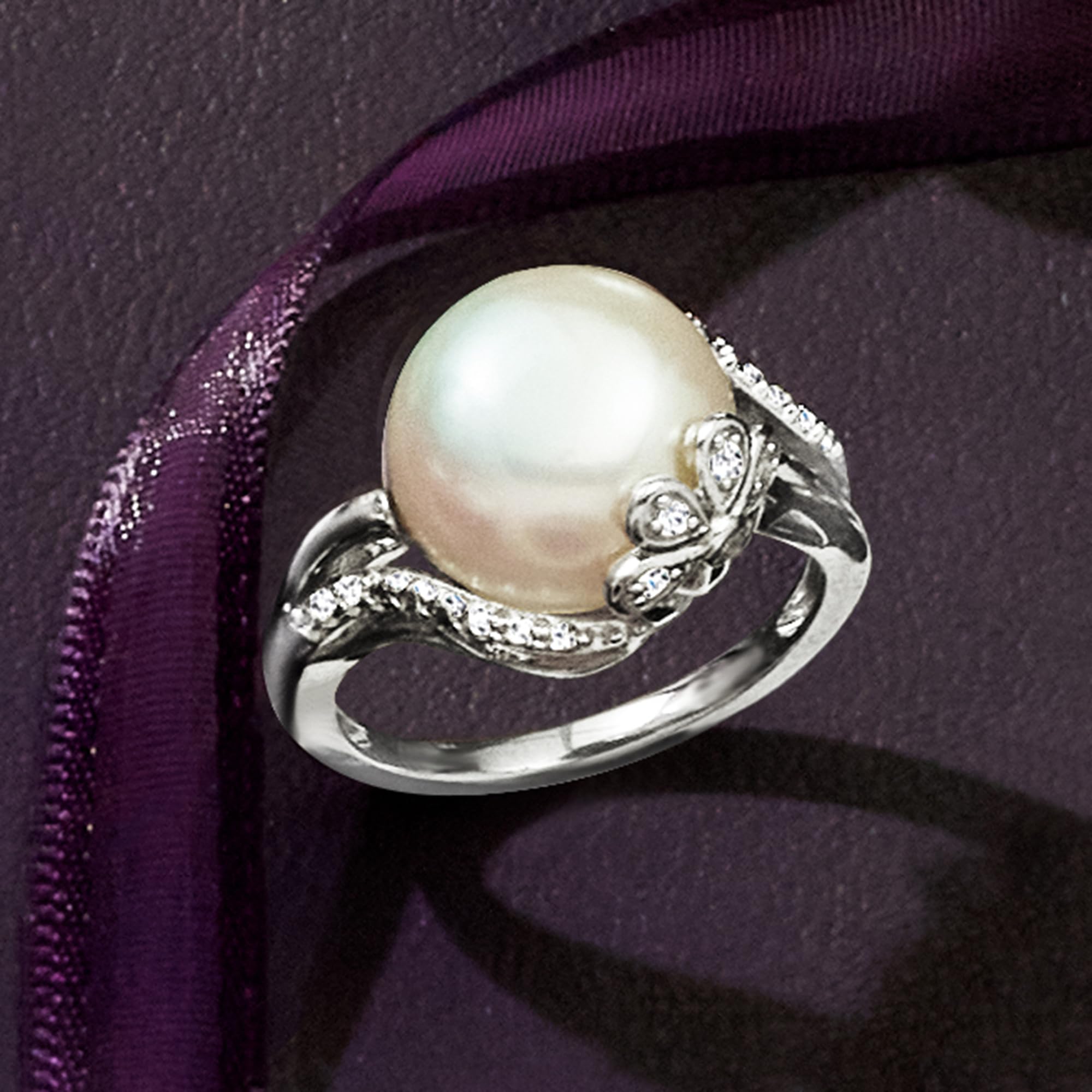 Ross-Simons 12-12.5mm Cultured Pearl Ring With Diamond Accents in Sterling Silver. Size 6