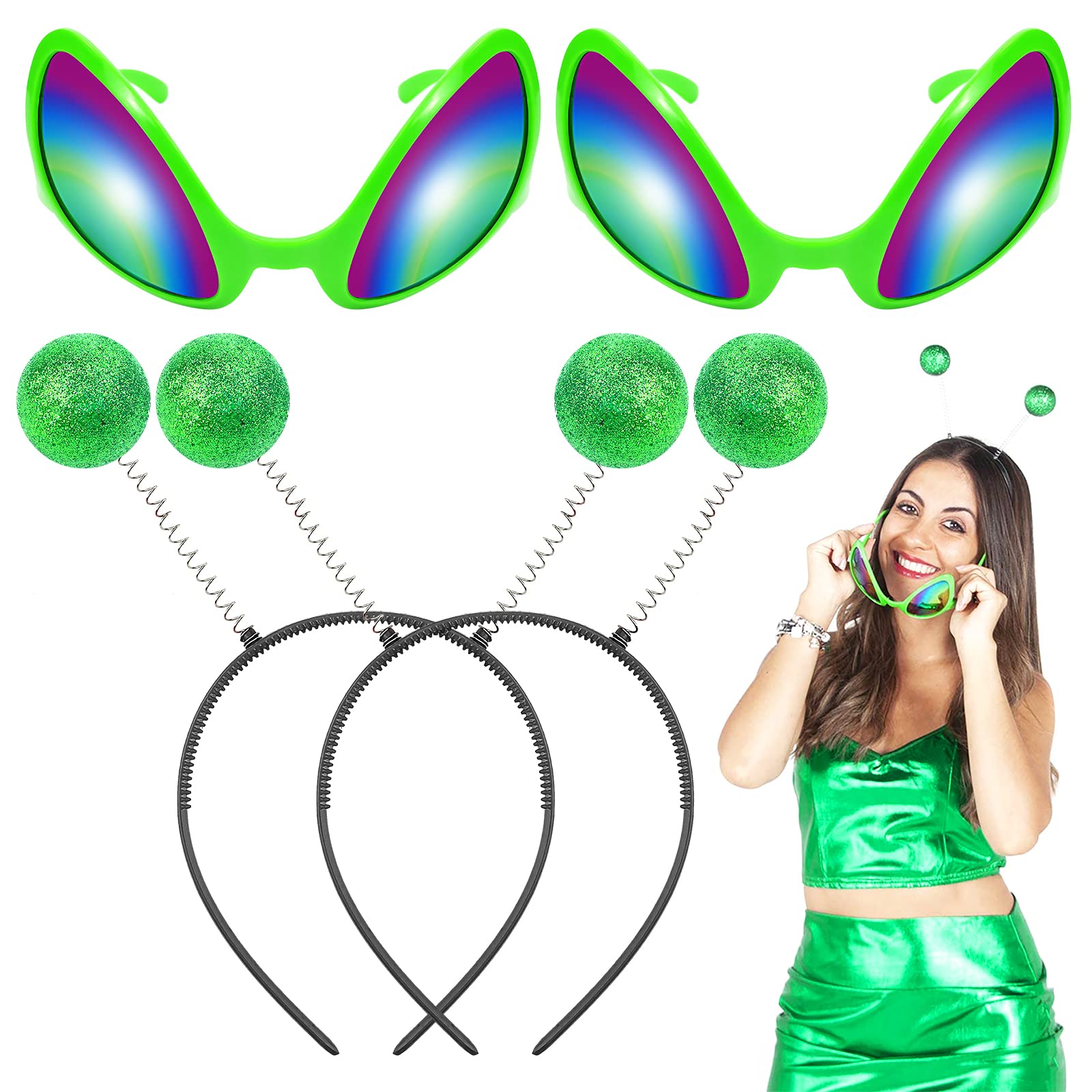 Dolkoic 4Pcs Halloween Alien Headband and Glasses,Alien Martian Antenna Headband Set Costume Party Favors Accessory for Adults and Kids Green