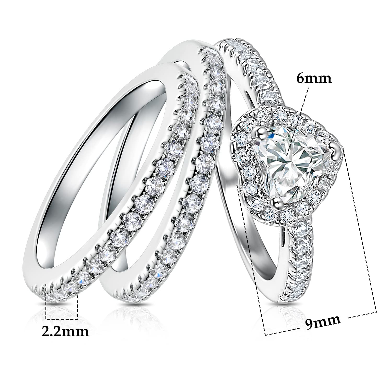 MDFUN Three-in-One Heart Halo Wedding Band Set Engagement Ring 18K White Gold Plated Cubic Zirconia Promise Eternity Ring for Women Size 7