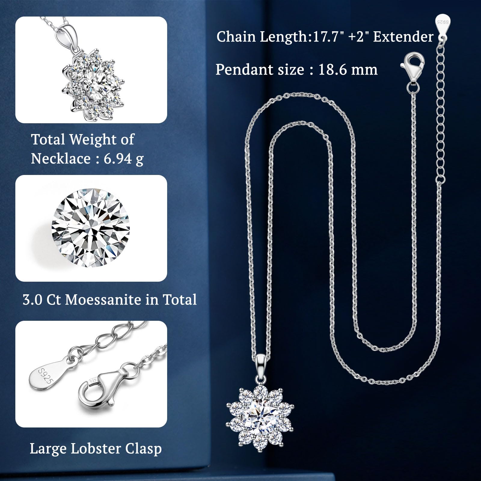 CNUGGCH Diamond Pendant Necklaces for Women, Anniversary Birthday Gifts for Wife Soulmate, Jewelry Gift for Women Mom Girlfriend Girls Her, Moissanite Necklace 1Ct-3Ct Sunflower Style (3CT)