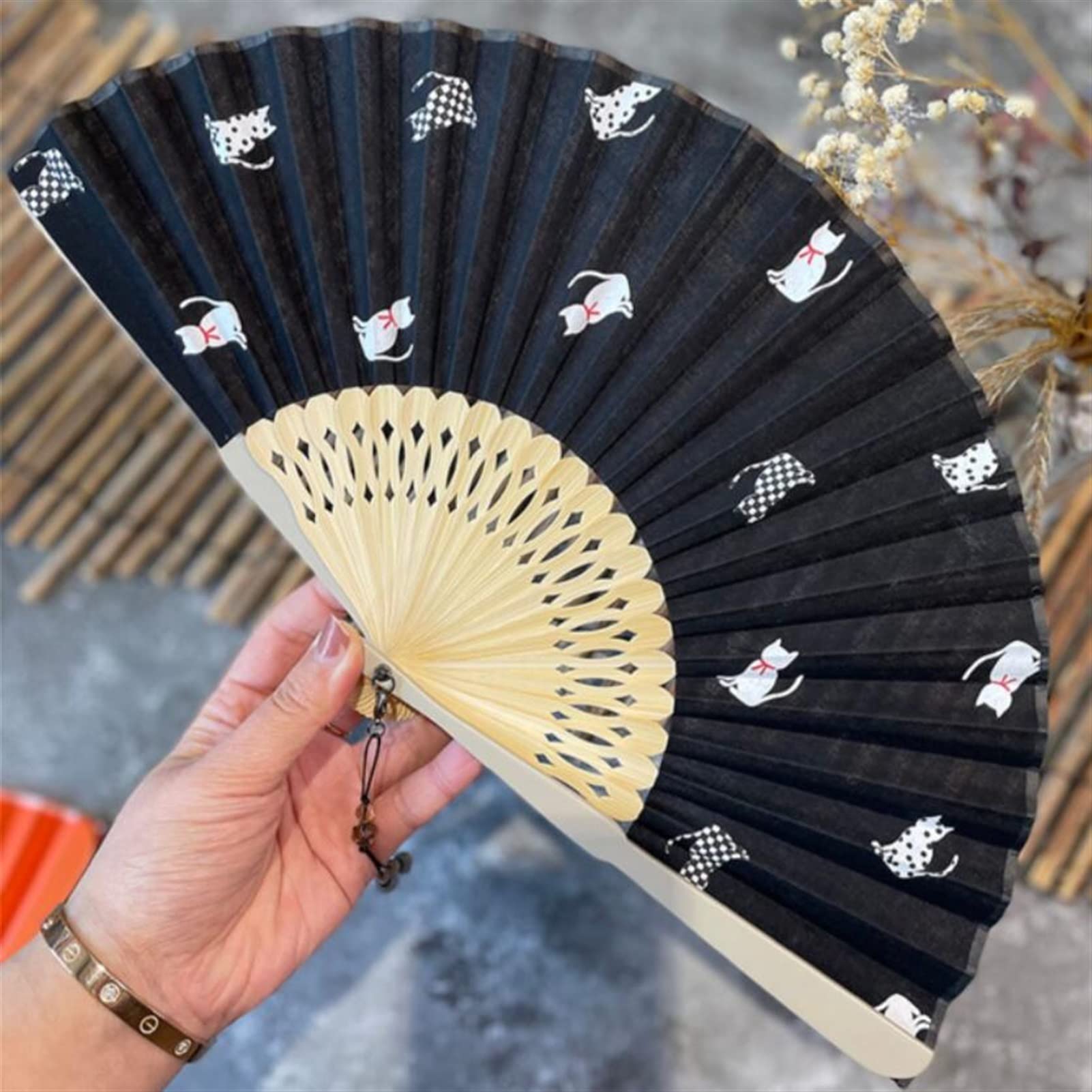 Bamboo Cat Printed Folding Fan, 7.9in Cotton Fabric Folded Fan with Simulated Crystal Pendant, for Women and Men (Color : Black, Size : 7.9")